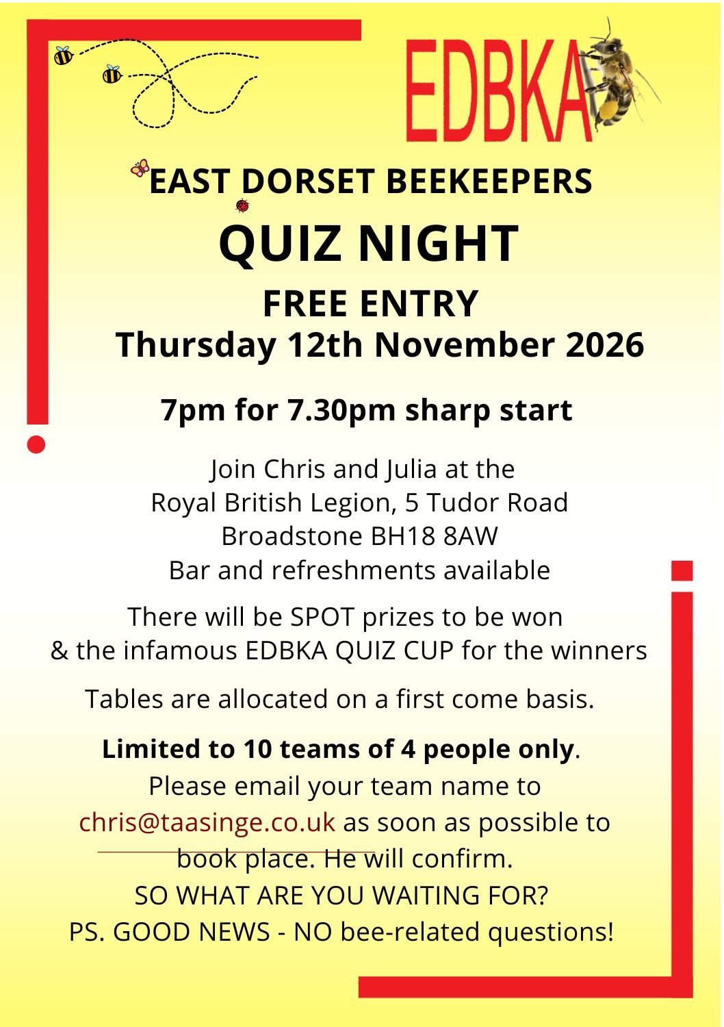 EDBKA Quiz night Thurs 12th November advert