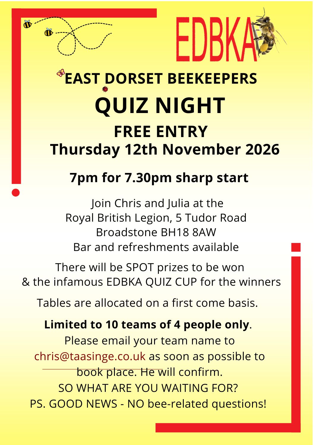 EDBKA Quiz night Thurs 12th November 2026 advert
